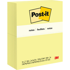 Post-it Notes, 3" x 5", Canary Yellow, 100 Sheets, 12 Pads