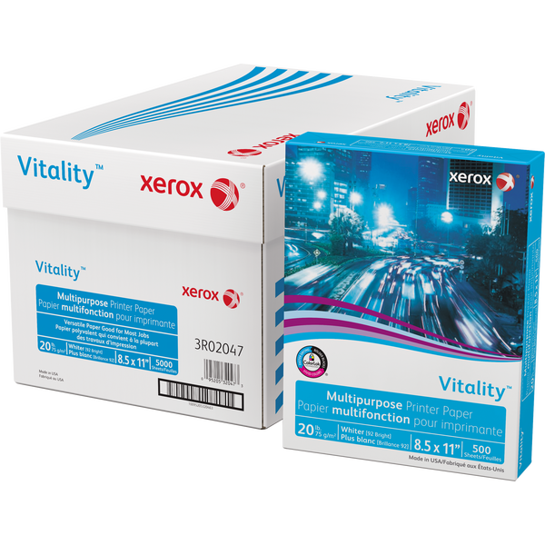 Xerox Vitality Multipurpose Printer Paper, 92 Bright, 20 lb, White, 8-1/2" x 11", 10 Reams, 5000 Sheets