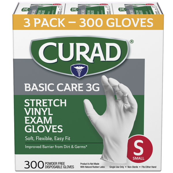 Curad Basic Care 3G Vinyl Exam Gloves, Small, 300 ct