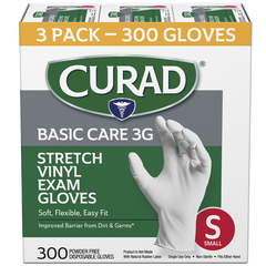 Curad Basic Care 3G Vinyl Exam Gloves, Small, 300 ct