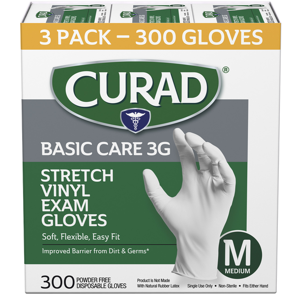 Curad Basic Care 3G Vinyl Exam Gloves, Medium, 300 ct