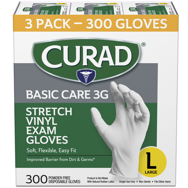 Curad Basic Care 3G Vinyl Exam Gloves, Large, 300 ct