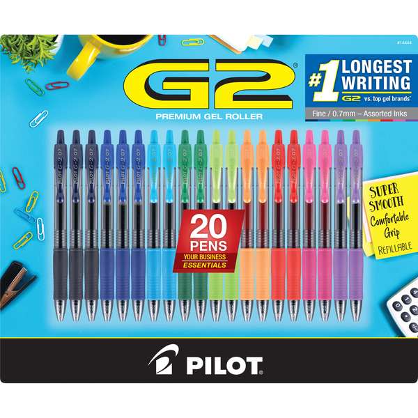 Pilot G2 Retractable Gel Pen, Fine Point 0.7mm, Assorted Ink Colors, 20 ct