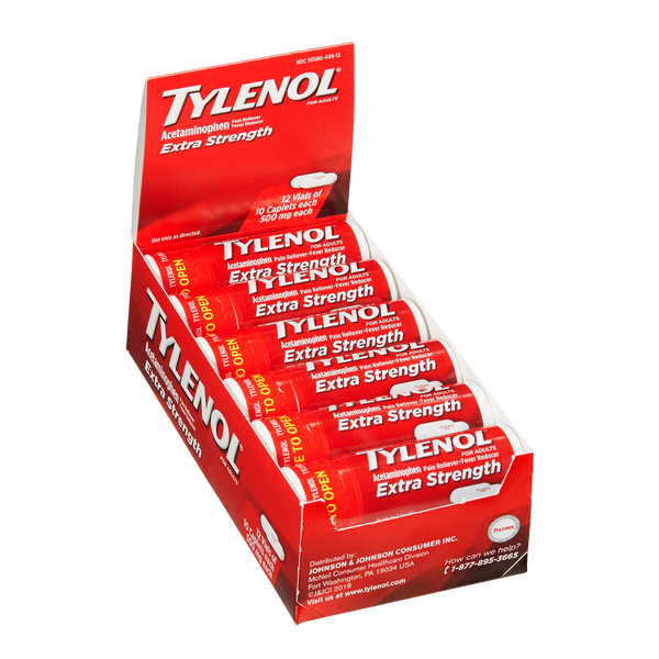 Tylenol Extra Strength Acetaminophen Caplets, 500 mg, 10 per Vial, 12 ct