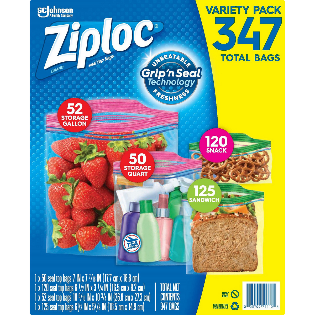 Ziploc Grip 'n Seal Bags, Variety Pack, 347 ct