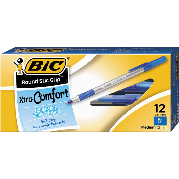 BIC Ultra Round Stic Grip Ballpoint Pen, Medium Point 1.2mm, Blue Ink, 12 ct