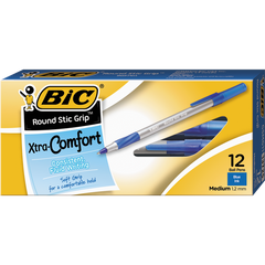 BIC Ultra Round Stic Grip Ballpoint Pen, Medium Point 1.2mm, Blue Ink, 12 ct