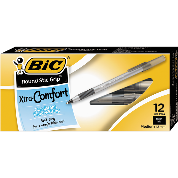 BIC Ultra Round Stic Grip Ballpoint Pen, Medium Point 1.2mm, Black Ink, 12 ct