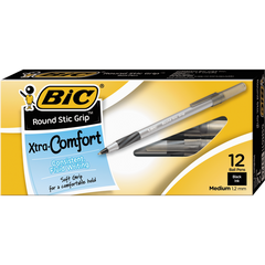 BIC Ultra Round Stic Grip Ballpoint Pen, Medium Point 1.2mm, Black Ink, 12 ct