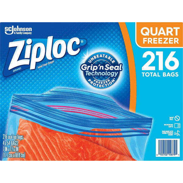 Ziploc Grip 'n Seal Freezer Bags, Quart, 216 ct