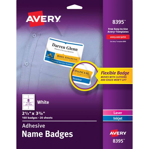 Avery Removable Self-Adhesive Name Badges, 2-1/3"L x 3-3/8"W, White, 160 ct