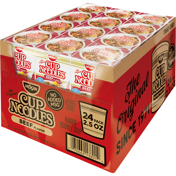 Nissin Cup Ramen Noodles Flavored Soup, Beef, 2.5 oz, 24 ct