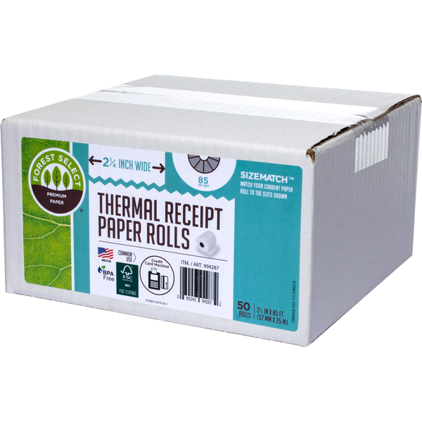 Forest Select Thermal Receipt Paper Rolls, White, 2-1/4" x 85', 50 Rolls