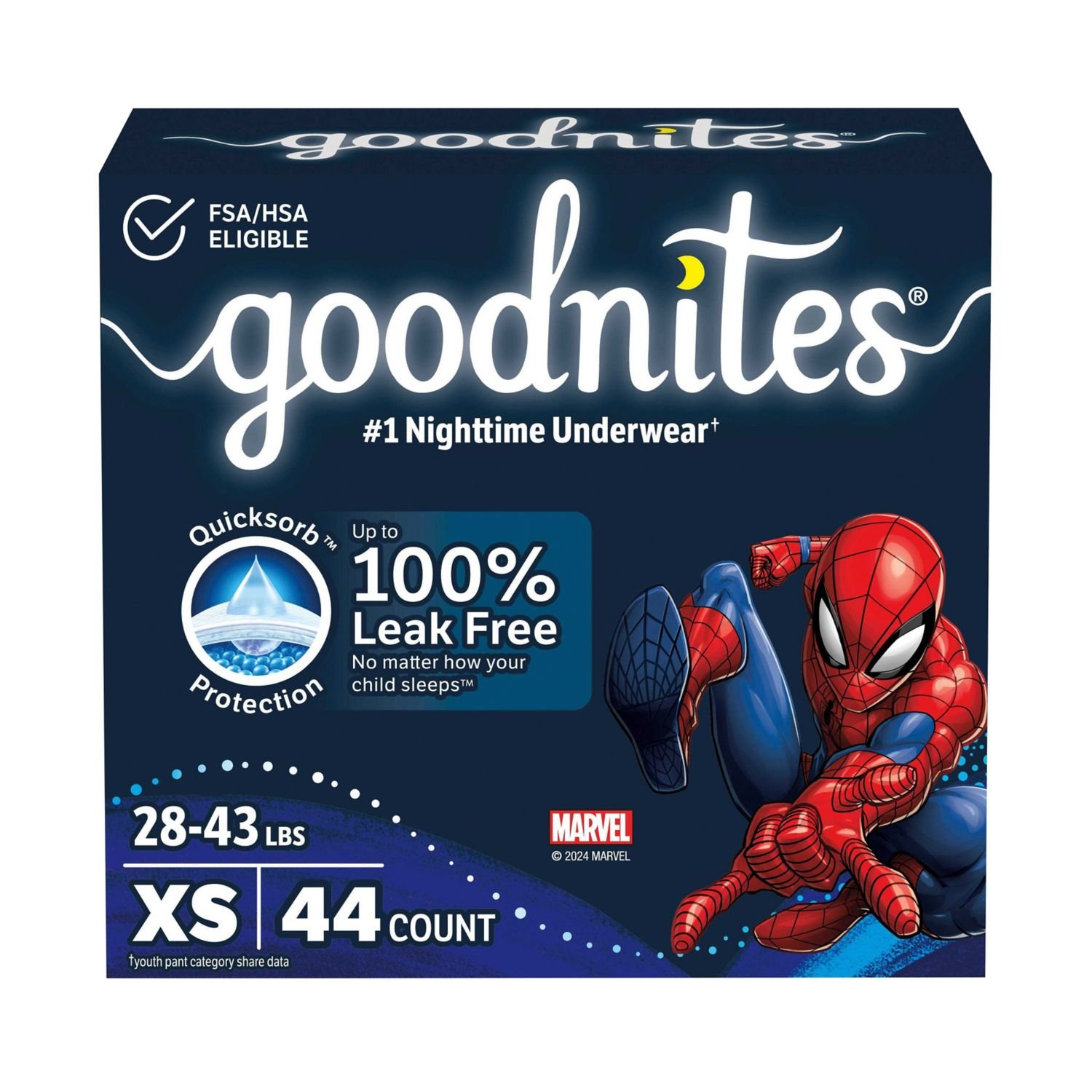 Goodnites Boys' Nighttime Underwear, Size Extra Small, 44 Count, 4.9 lb, Navy Blue Box, White Nighttime Underwear