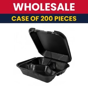 Genpak SN243---3L Hinged Lid Food Container - 8 1/4"L x 8"W x 3"H, Foam, Black - Case of 200