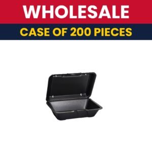 Genpak 20500---3L Hinged Lid Food Container - 9 3/16"L x 6 1/2"W x 2 7/8"H, Polystyrene Foam, Black - Case of 200