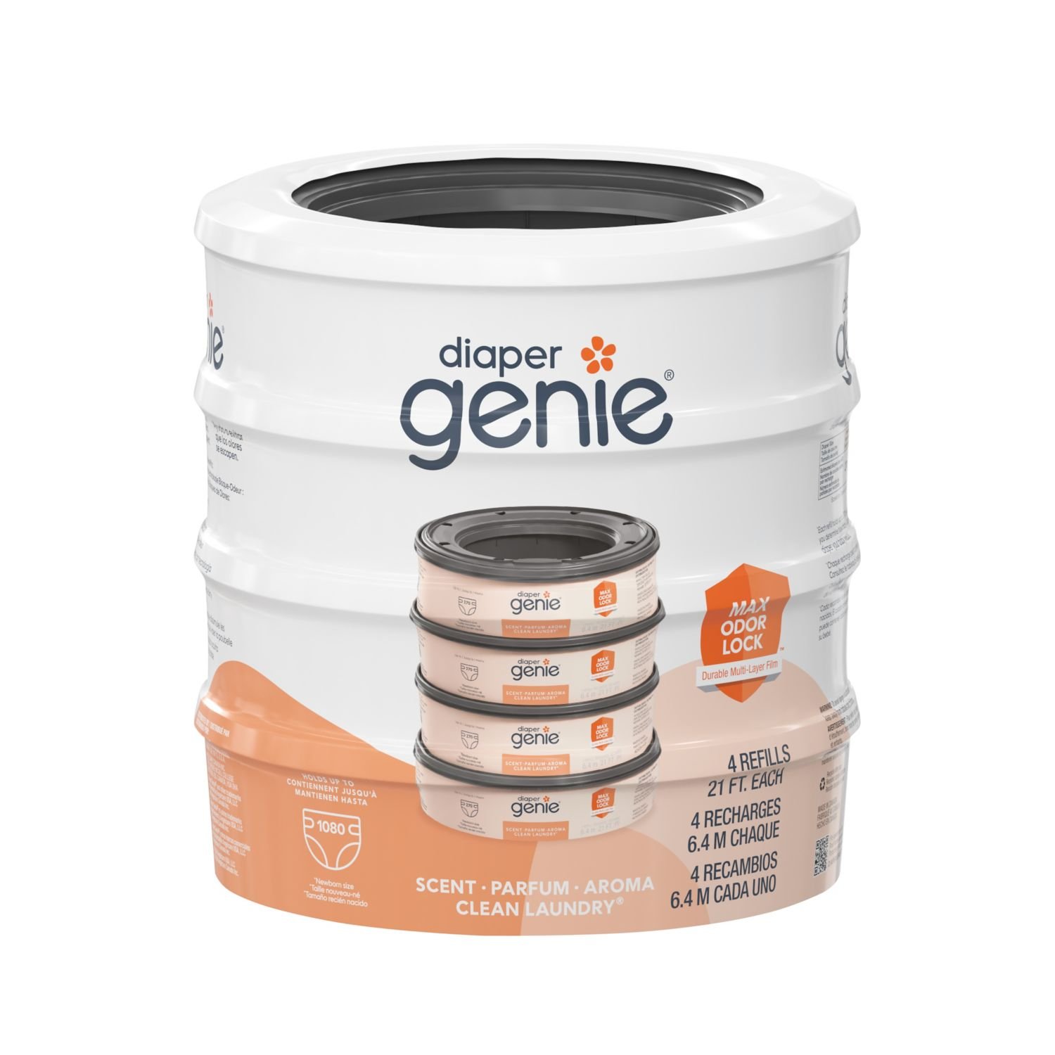 Diaper Genie Clean Laundry Scent Refill, 4 Refills, 1.22 lb, White and Gray Package