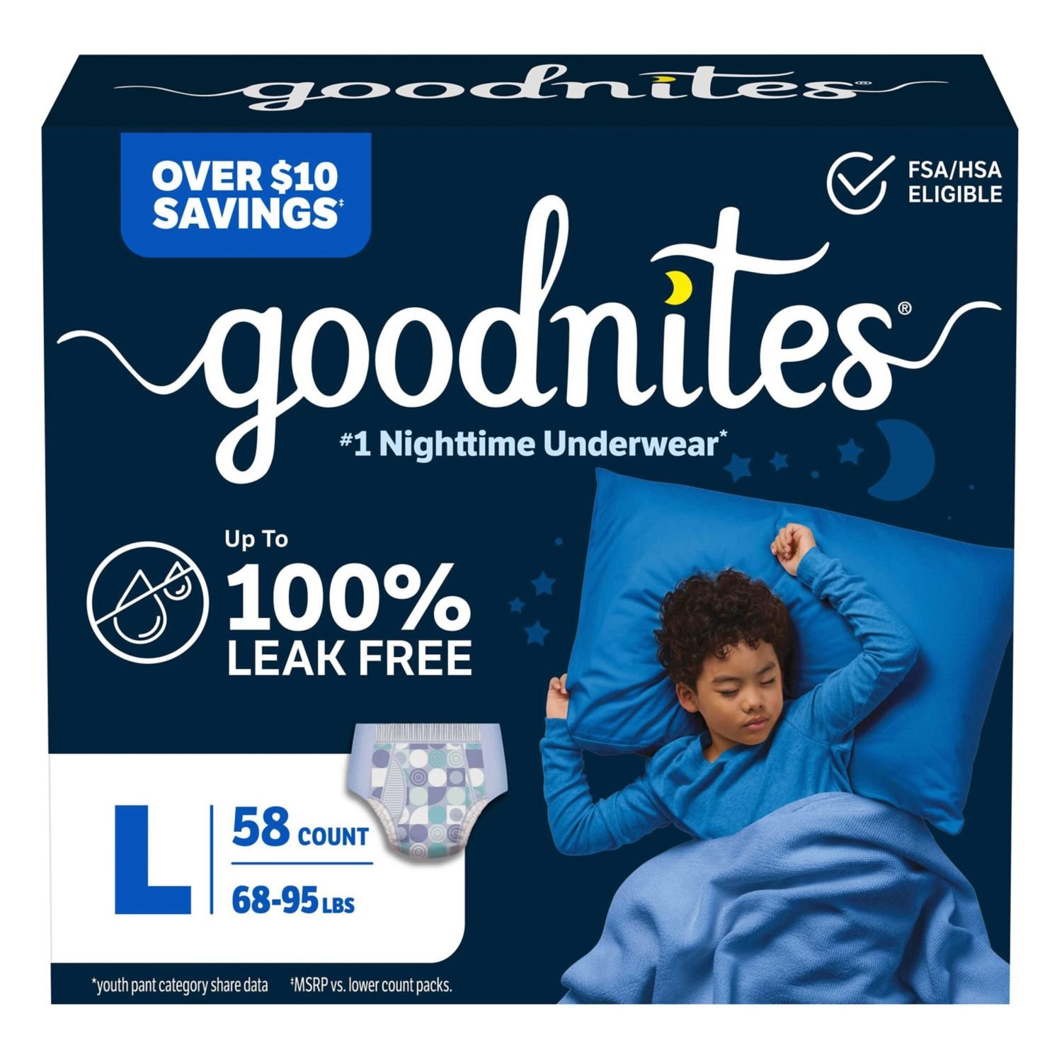 Goodnites Boys' Nighttime Underwear, Size Large, 58 Count, 8.6 lb, Navy Blue Box, White Nighttime Underwear