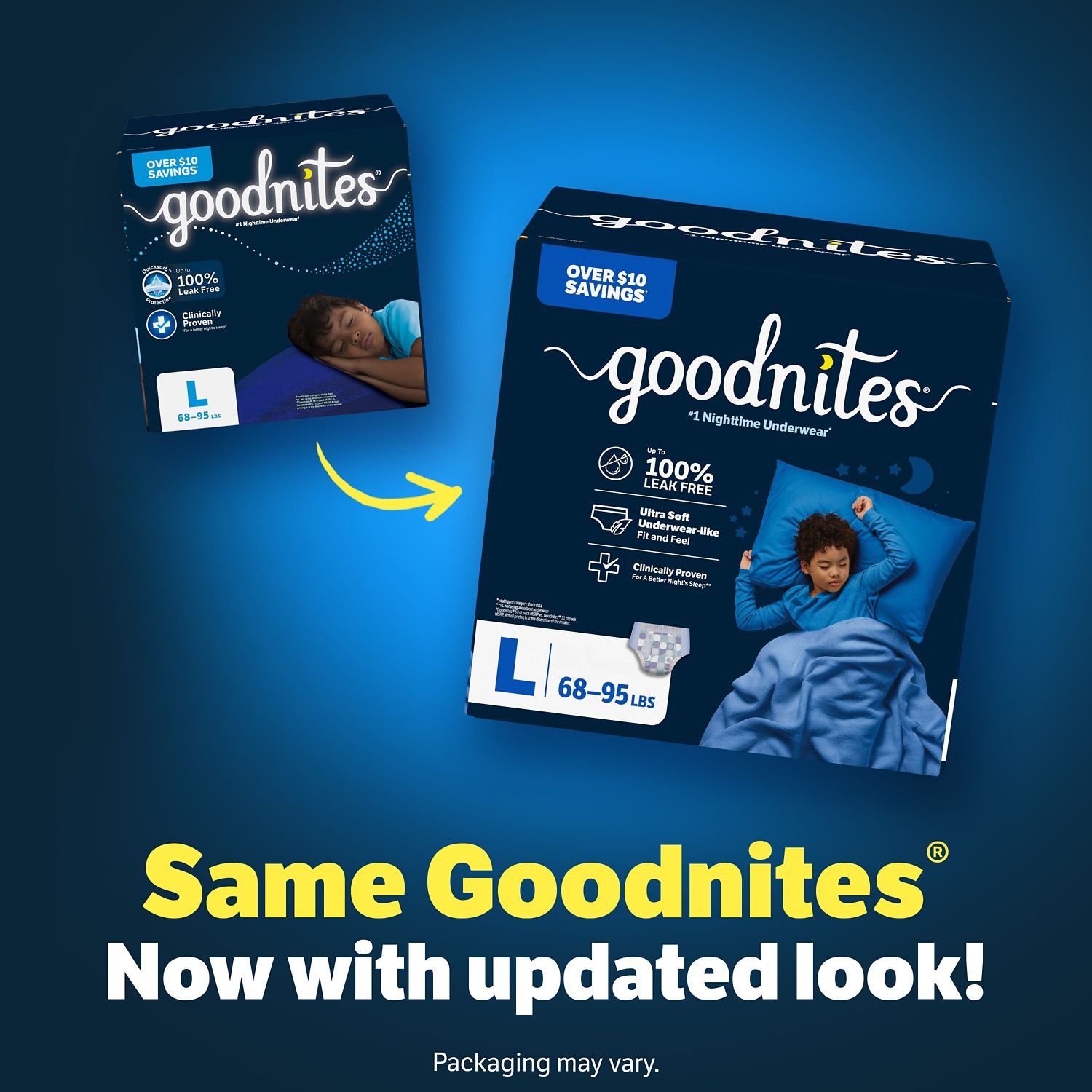Goodnites Boys' Nighttime Underwear, Size Large, 58 Count, 8.6 lb, Navy Blue Box, White Nighttime Underwear - Image 3
