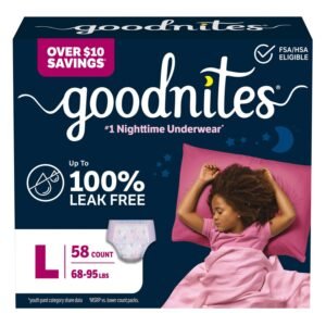 Goodnites Girls' Nighttime Bedwetting Underwear, Size Large, 58 Count, 9.73 lb, Navy Blue Box, White Nighttime Underwear