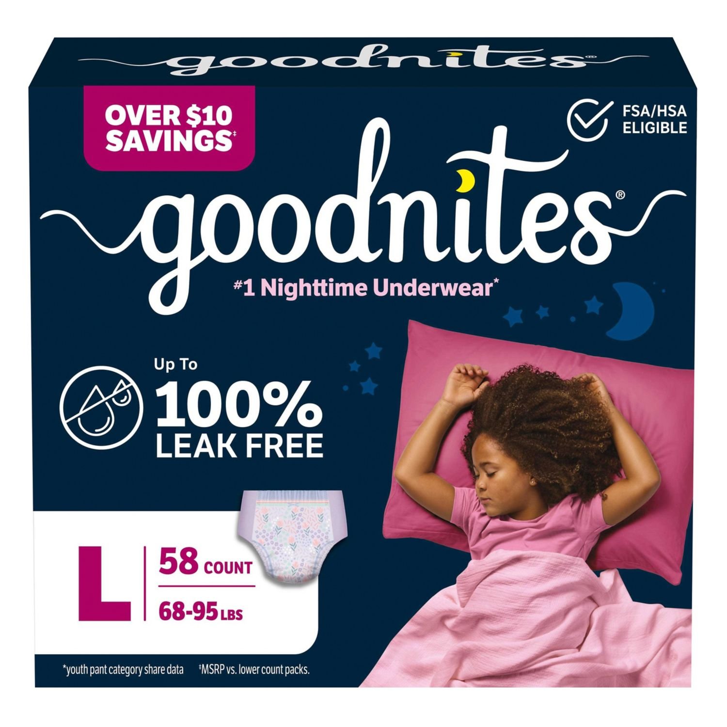 Goodnites Girls' Nighttime Bedwetting Underwear, Size Large, 58 Count, 9.73 lb, Navy Blue Box, White Nighttime Underwear