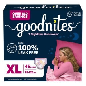 Goodnites Girls' Nighttime Bedwetting Underwear, Size Extra Large, 46 Count, 8.33 lb, Navy Blue Box, White Nighttime Underwear