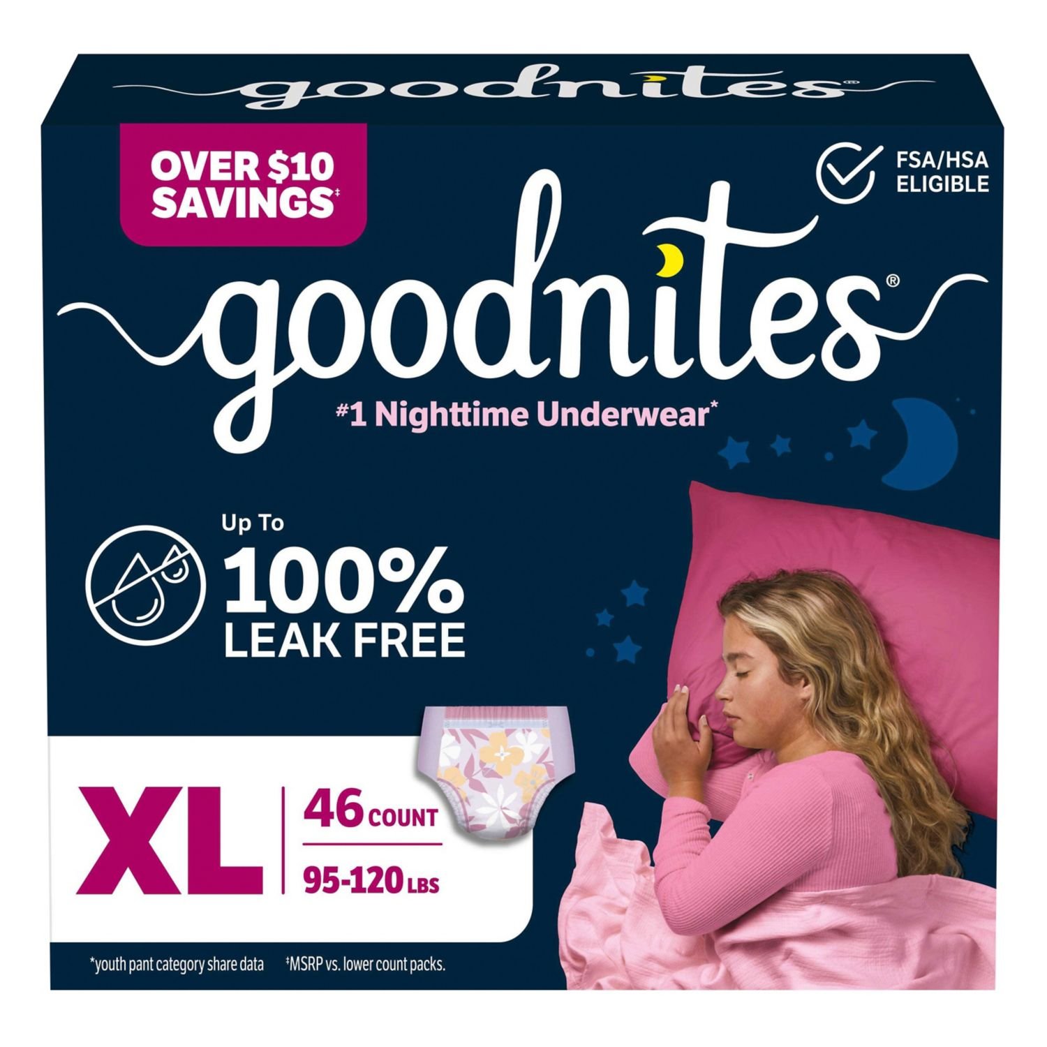 Goodnites Girls' Nighttime Bedwetting Underwear, Size Extra Large, 46 Count, 8.33 lb, Navy Blue Box, White Nighttime Underwear
