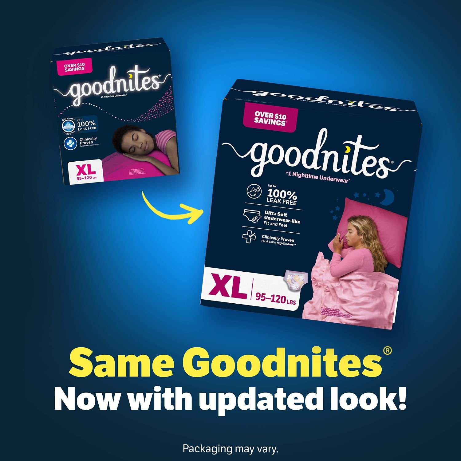 Goodnites Girls' Nighttime Bedwetting Underwear, Size Extra Large, 46 Count, 8.33 lb, Navy Blue Box, White Nighttime Underwear - Image 3