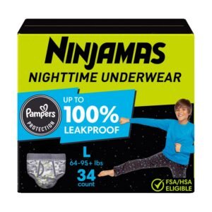 Ninjamas Nighttime Bedwetting Underwear for Boys, Size Large, 34 Count, 3.86 lb, Black and Green Box, White Nighttime Underwear