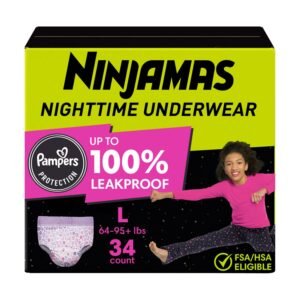 Ninjamas Bedwetting Nighttime Underwear for Girls, Size Large, 34 Count, 3.86 lb, Black and Pink Box, White Nighttime Underwear