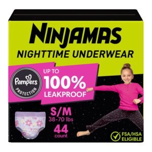 Ninjamas Bedwetting Nighttime Underwear for Girls, Size Small/Medium, 44 Count, 4.58 lb, Black and Pink Box, White Nighttime Underwear