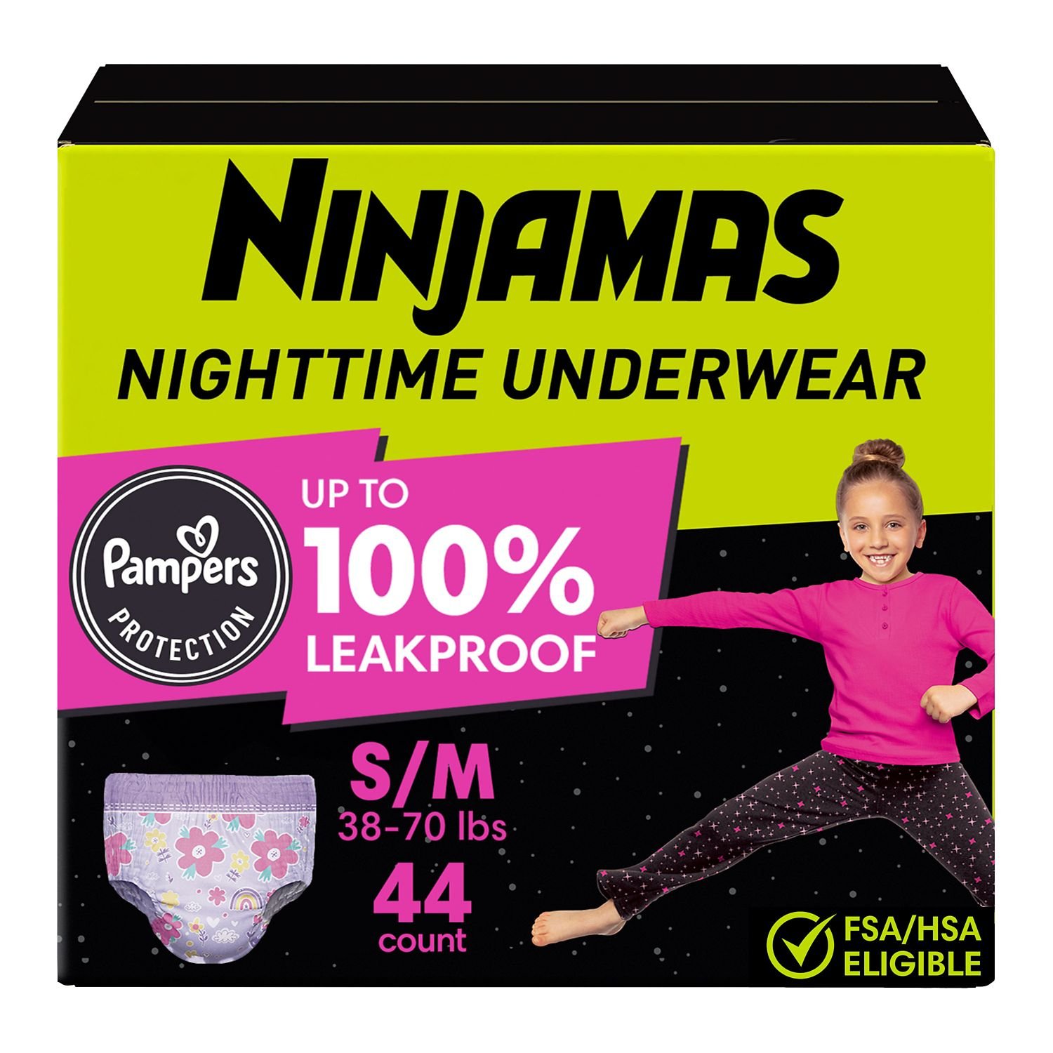 Ninjamas Bedwetting Nighttime Underwear for Girls, Size Small/Medium, 44 Count, 4.58 lb, Black and Pink Box, White Nighttime Underwear