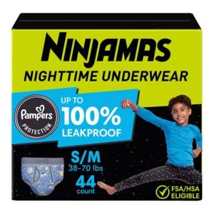 Ninjamas Nighttime Bedwetting Underwear for Boys, Size Small/Medium, 44 Count, 4.58 lb, Black and Green Box, White Nighttime Underwear
