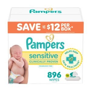 Pampers Baby Wipes Sensitive Fragrance Free Pop-Top Packs, 16 Packs, 896 Count, 17.65 lb, Light Green Package, White Wipes