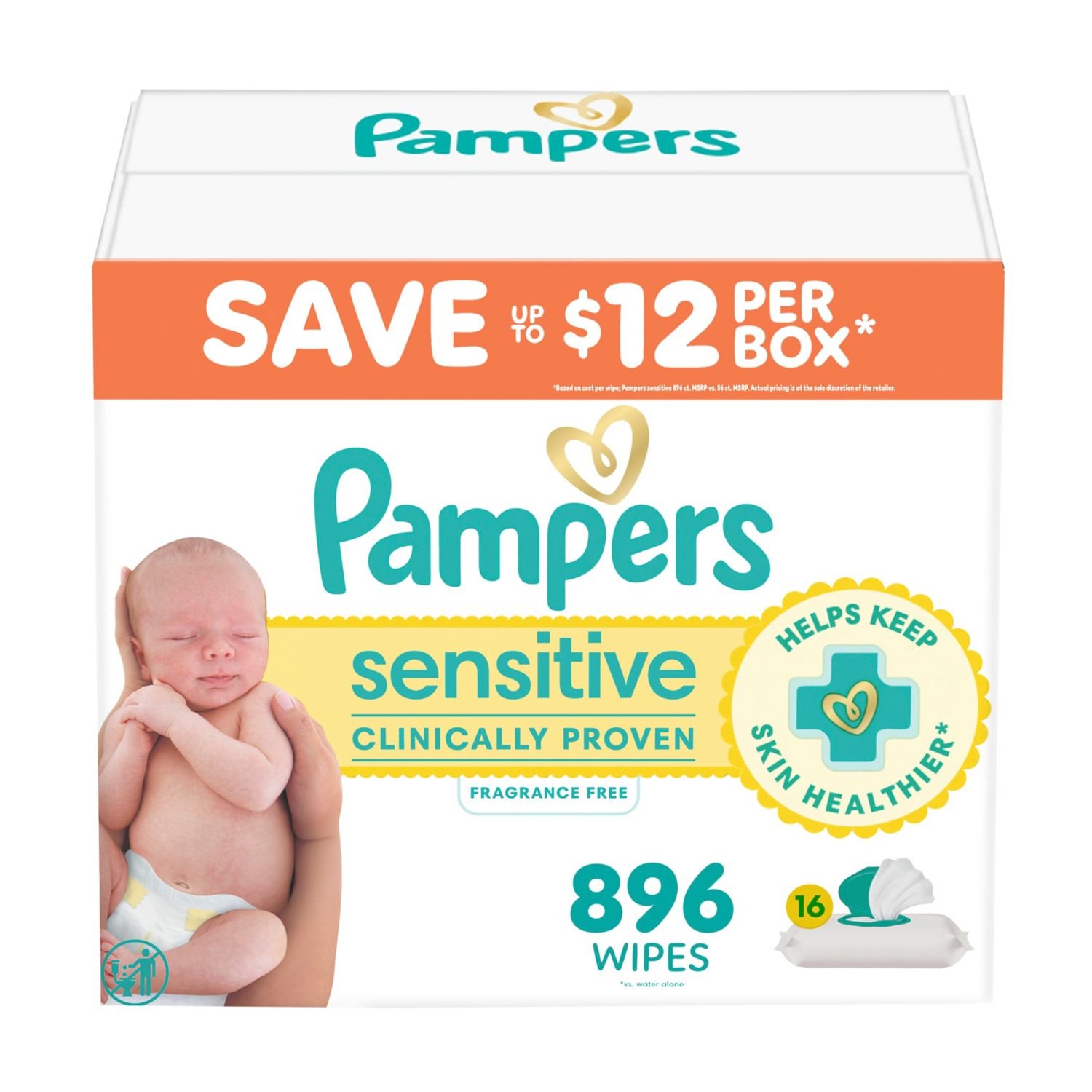 Pampers Baby Wipes Sensitive Fragrance Free Pop-Top Packs, 16 Packs, 896 Count, 17.65 lb, Light Green Package, White Wipes