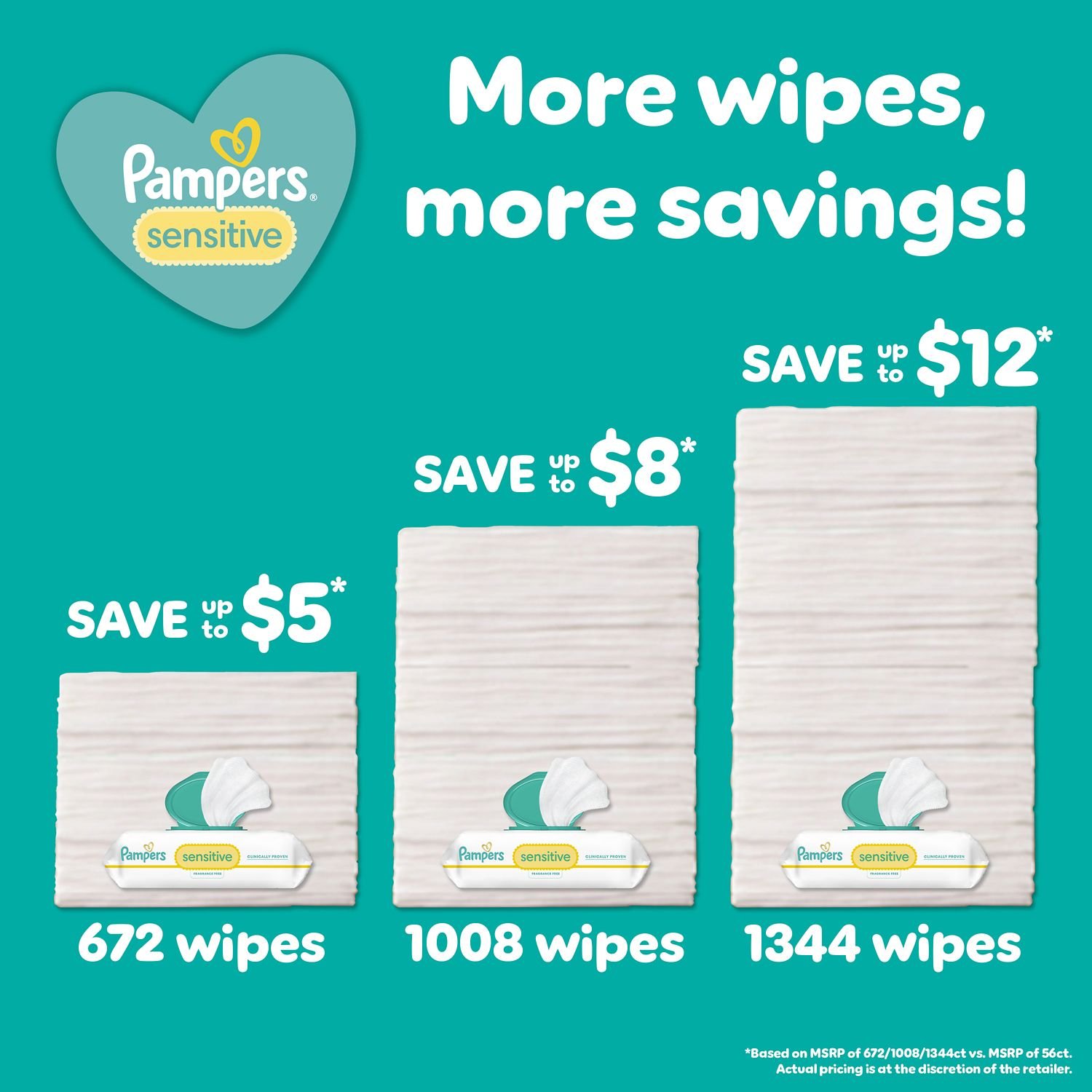 Pampers Baby Wipes Sensitive Fragrance Free Pop-Top Packs, 16 Packs, 896 Count, 17.65 lb, Light Green Package, White Wipes - Image 9