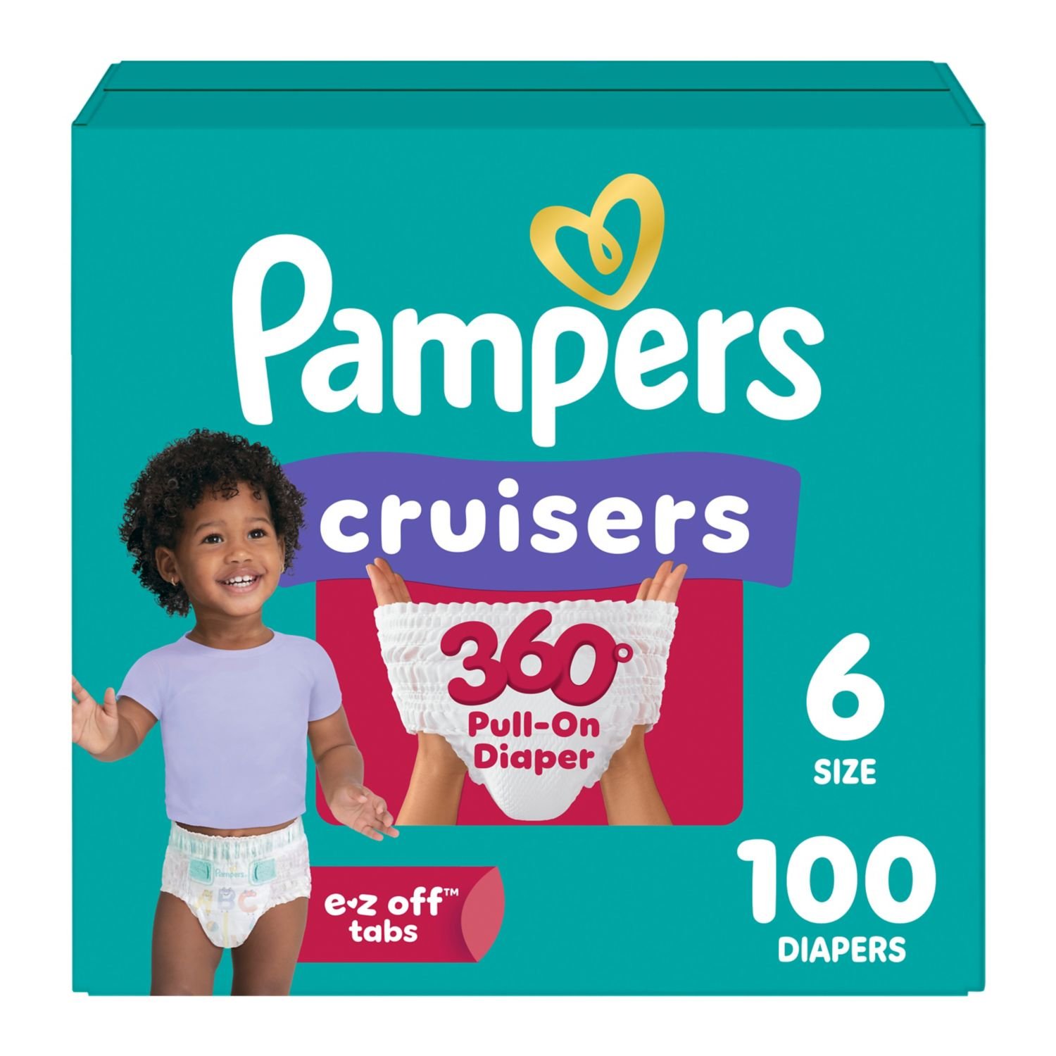 Pampers Cruisers 360 Pull-On Diapers, Size 6, 100 Count, 8.86 lb, Teal Box, White Diapers