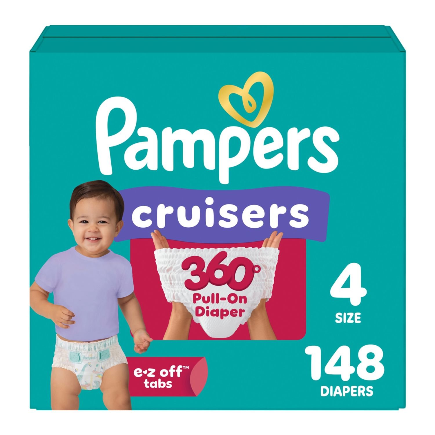 Pampers Cruisers 360 Pull-On Diapers, Size 4, 148 Count, 10.99 lb, Teal Box, White Diapers