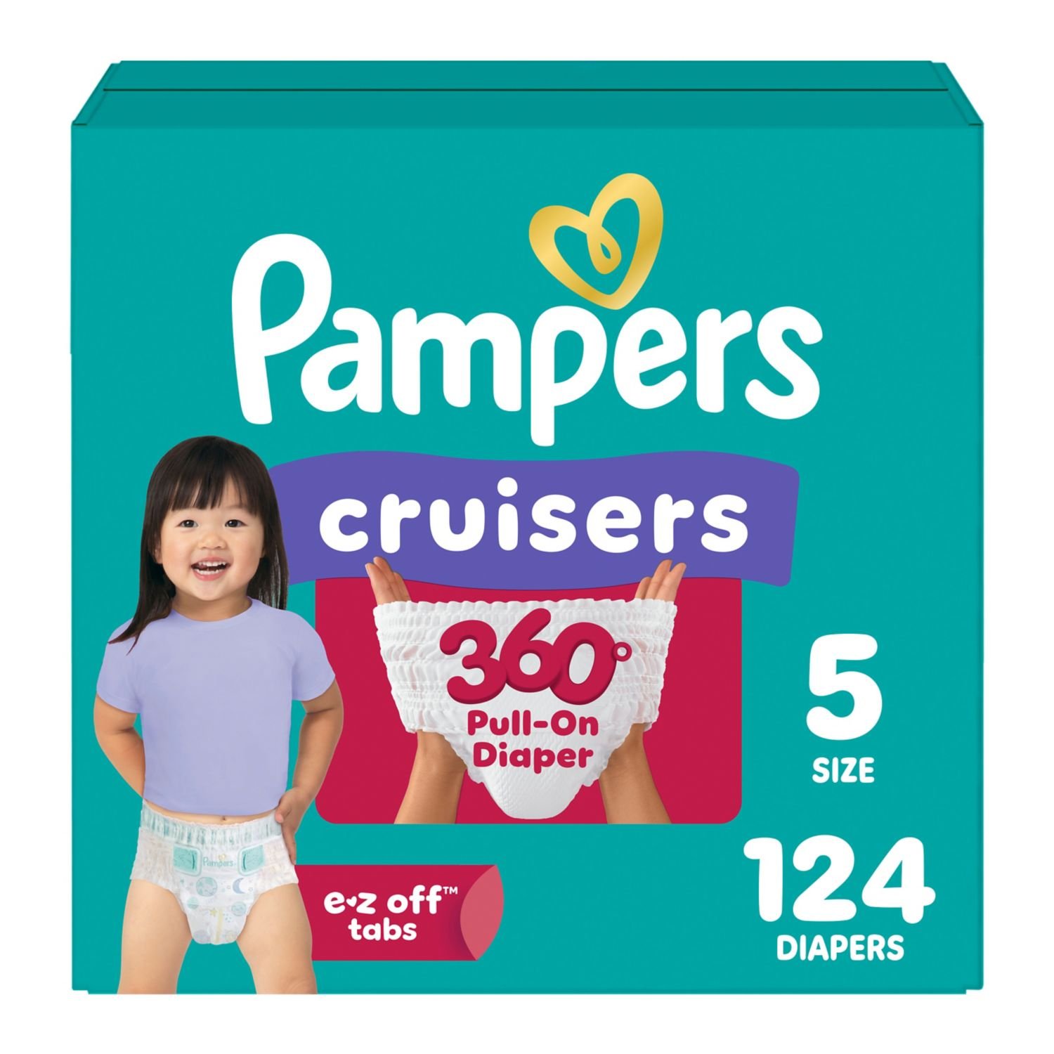 Pampers Cruisers 360 Pull-On Diapers, Size 5, 124 Count, 10.13 lb, Teal Box, White Diapers