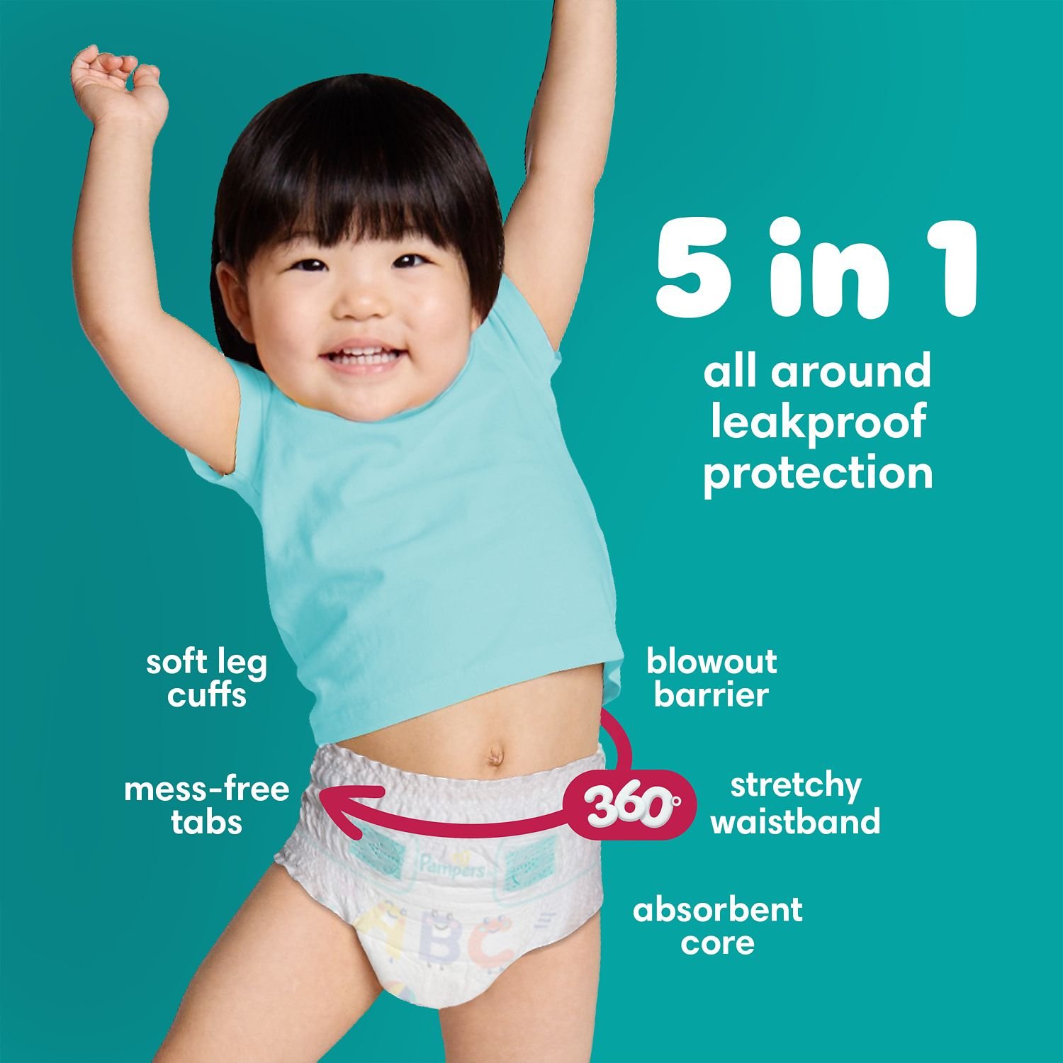 Pampers Cruisers 360 Pull-On Diapers, Size 5, 124 Count, 10.13 lb, Teal Box, White Diapers - Image 5