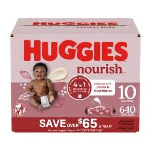 Huggies Nourish Scented Push Button Pack Baby Wipes, 10 Packs, 640 Count, 13.8 lb, Pink Package, White Wipes