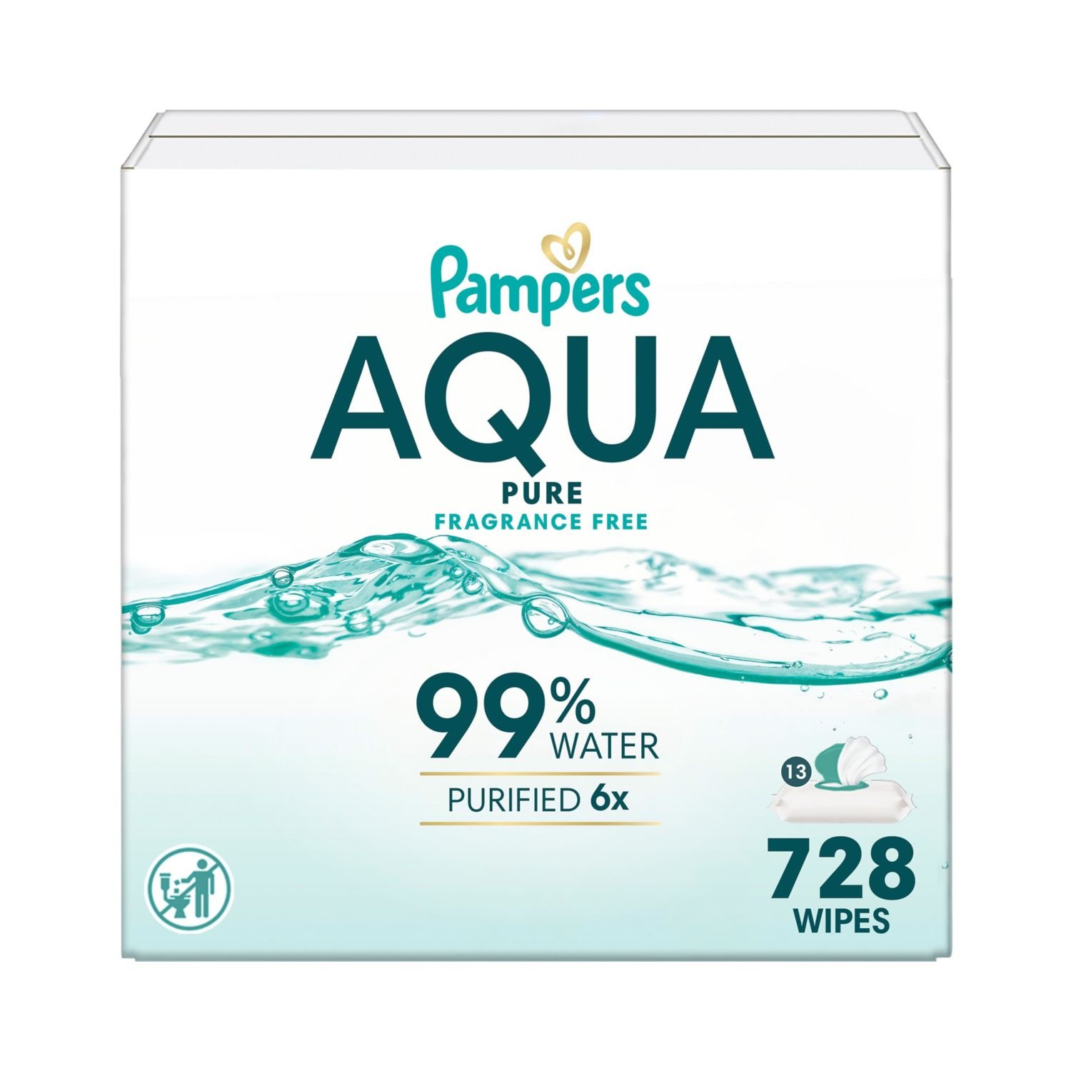 Pampers Aqua Pure Sensitive Baby Wipes with Pop-Top, 13 Packs, 728 Count, 15.39 lb, White and Light Blue Package, White Wipes