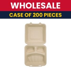 Genera Biobased 8" Square Disposable To Go Food Container w/ 3 Compartments - Molded Fiber, Natural - USA-Grown Compostable - Case of 200