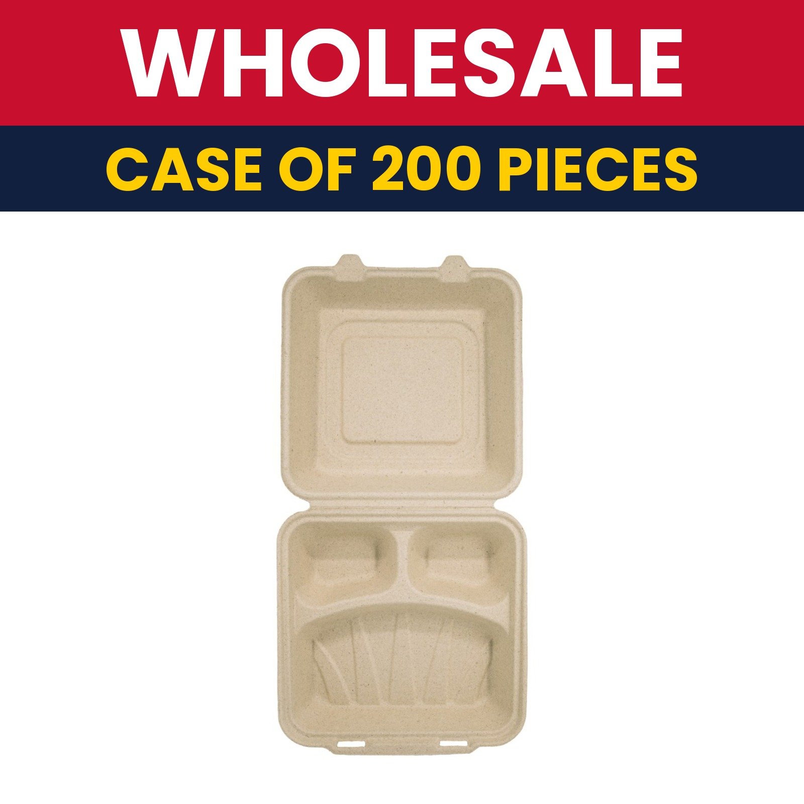 Genera Biobased 8" Square Disposable To Go Food Container w/ 3 Compartments - Molded Fiber, Natural - USA-Grown Compostable - Case of 200