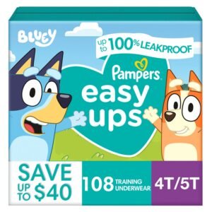 Pampers Easy Ups Training Underwear, Size 4T-5T, 108 Count, 8.42 lb, Teal Box, White with Prints Training Pants