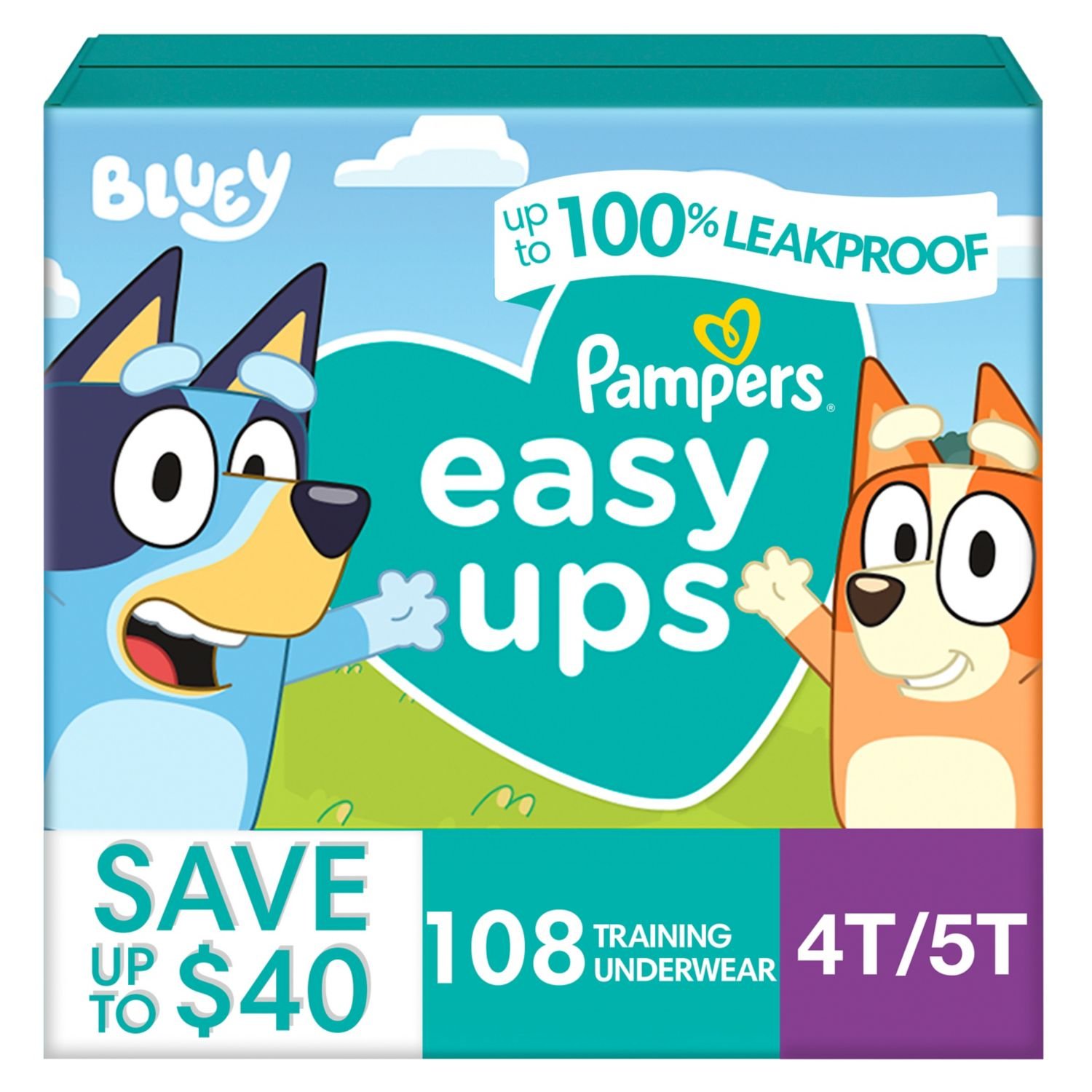 Pampers Easy Ups Training Underwear, Size 4T-5T, 108 Count, 8.42 lb, Teal Box, White with Prints Training Pants