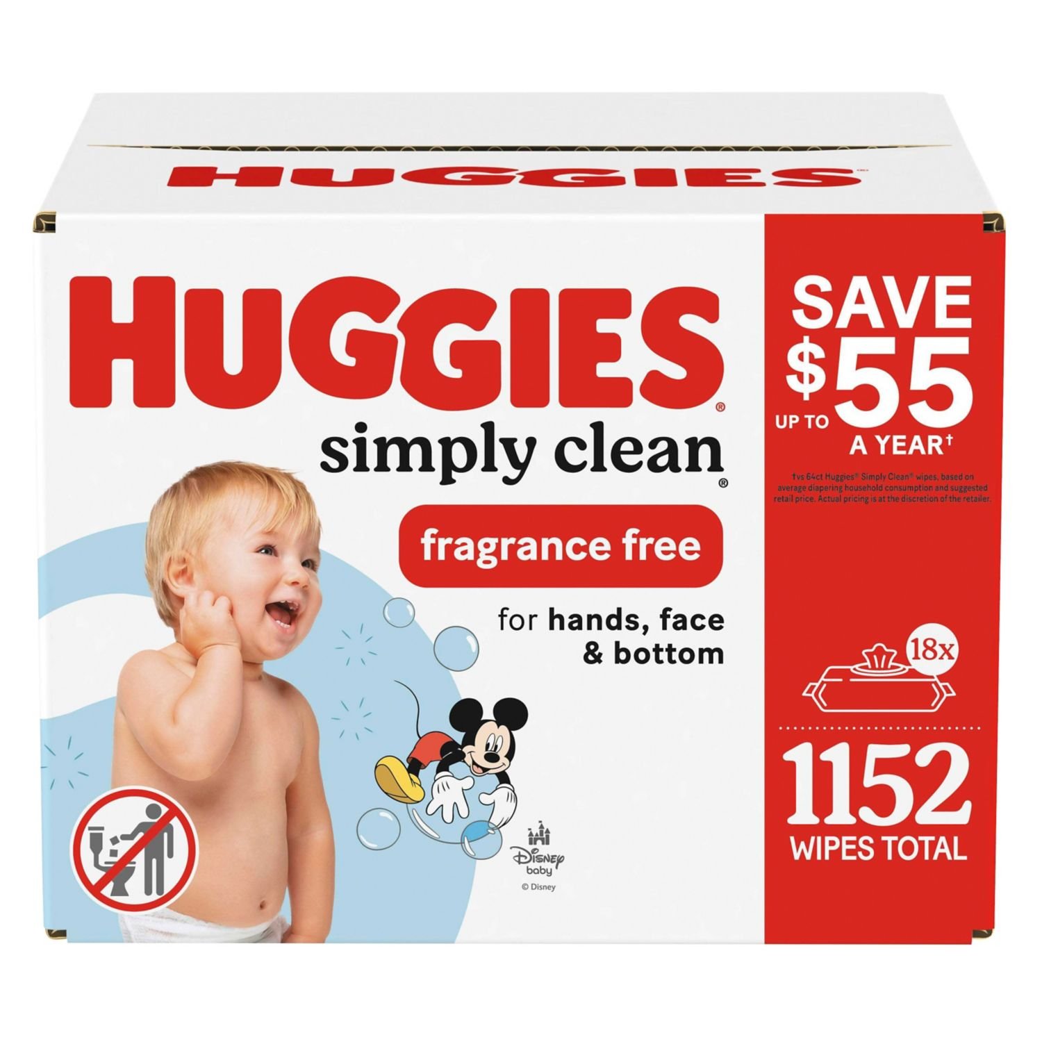 Huggies Simply Clean Baby Wipes - Unscented, 18 Packs, 1,152 Count, 19.2 lb, White and Red Package, White Wipes