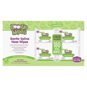 Boogie Wipes Unscented Gentle Nose Wipes, 4 Packs, 180 Count, 2.12 lb, White and Green Package, White Wipes