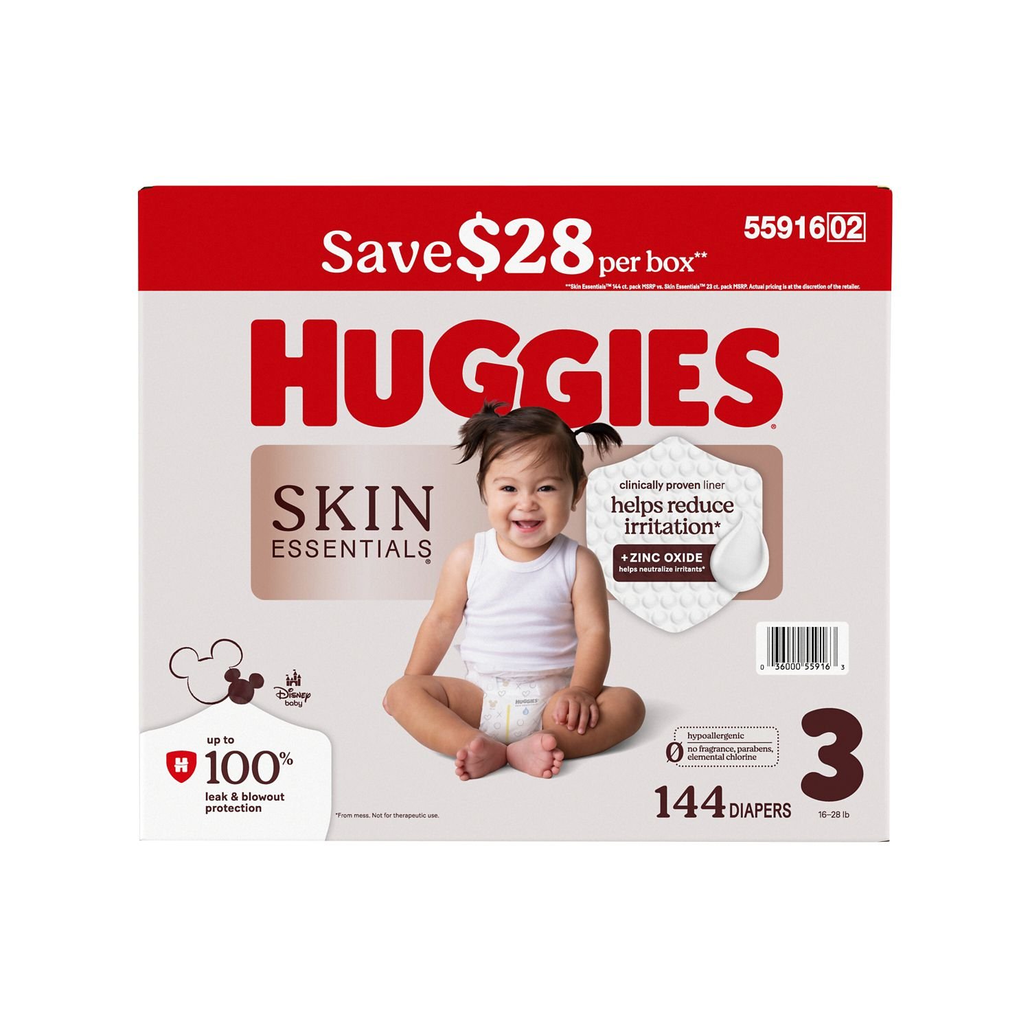 Huggies Skin Essentials Baby Diapers, Size 3, 144 Count, 11.6 lb, White and Red Box, White Diapers