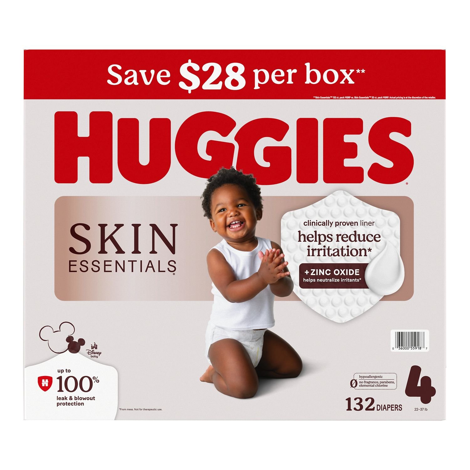 Huggies Skin Essentials Baby Diapers, Size 4, 132 Count, 12.1 lb, White and Red Box, White Diapers